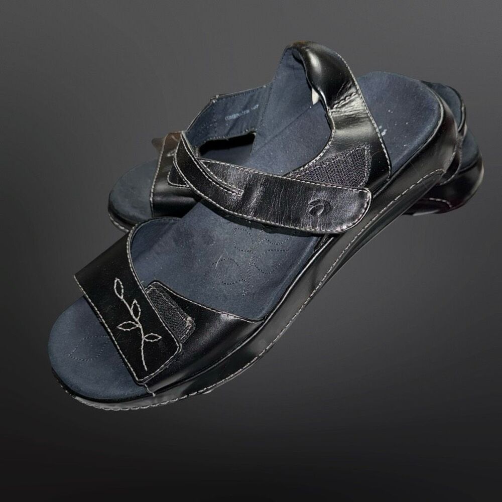 Aravon Women's Rita Black Leather Ankle Straps Heeled Platform Sandals Size 12